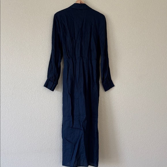 Magaschoni Wrap Dress Navy Blue 100% Linen Shirt Long Sleeve Classic Tie Waist - Picture 6 of 7